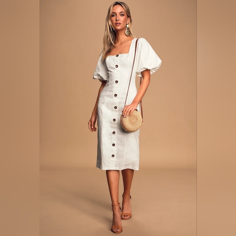 Lulus - Song Of Spring White Puff Sleeve Button-front Midi Dress